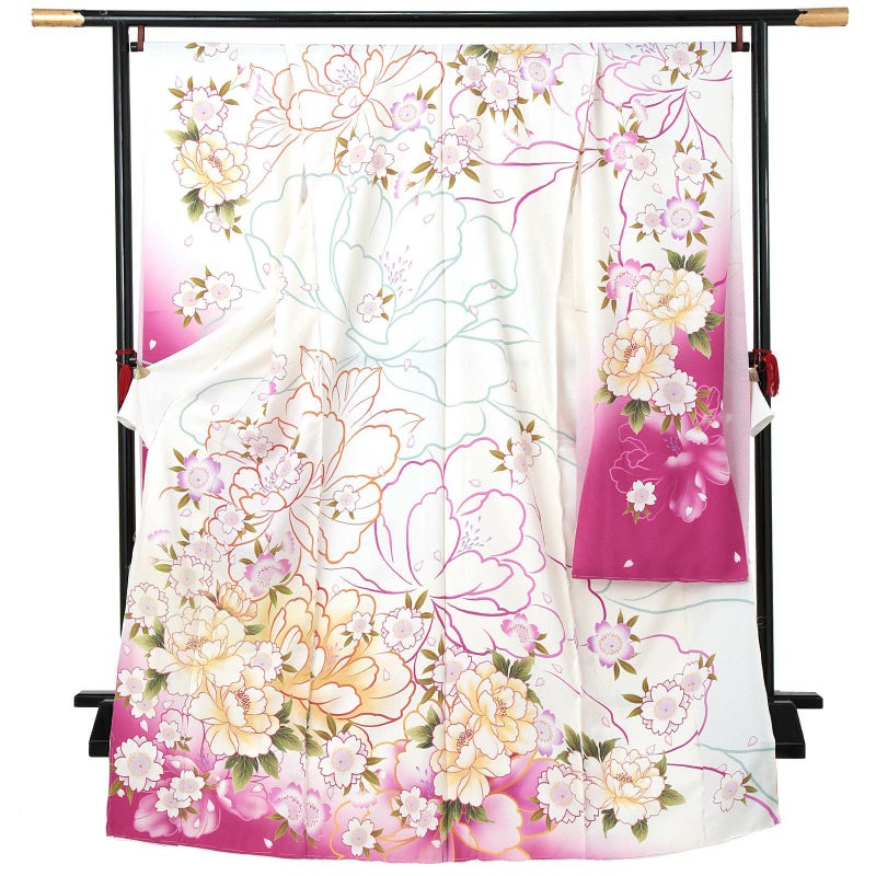 未仕立て 振袖 単品 「白　牡丹に桜」 仮絵羽 振り袖 正絹 着物 レディース 成人式 結婚式 結納 パーティー 晴れ着
