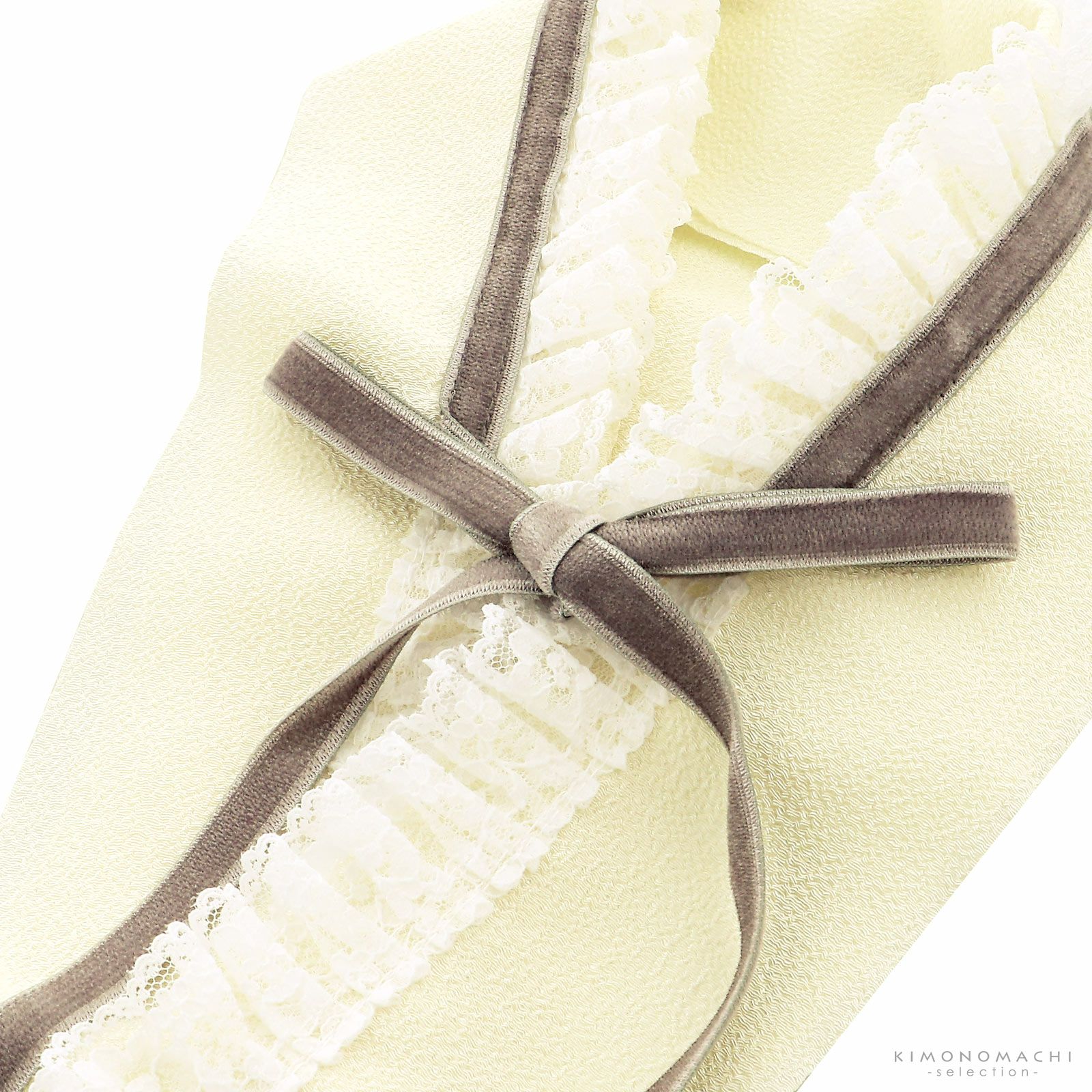 リボン半衿 ベロアリボンレース付「グレーベロア×オフホワイト」 和風