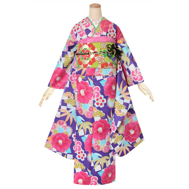 【中古品】仕立て上がり 振袖 「和遊日 紫　市松に椿笹菊」貸衣装処分 レンタル処分品