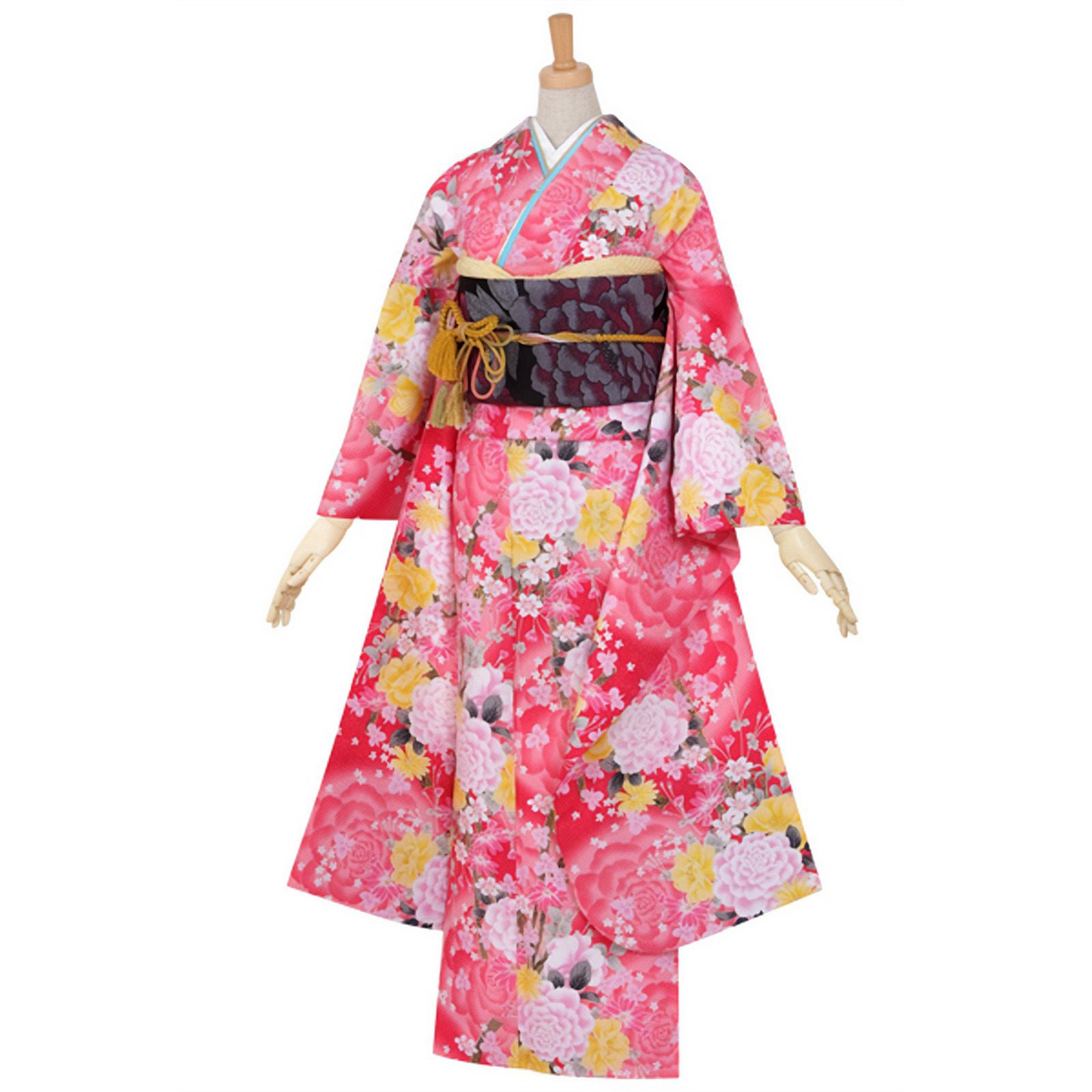 【中古品】仕立て上がり 振袖 「ピンク　薔薇とブーケ」貸衣装処分 レンタル処分品