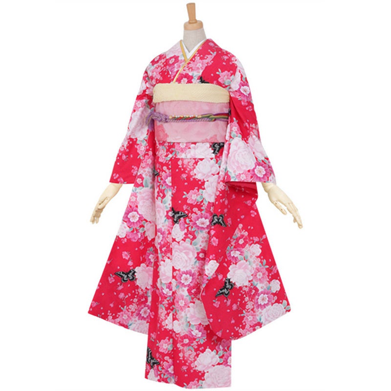 【中古品】仕立て上がり 振袖 「ローズピンク　薔薇と蝶」貸衣装処分 レンタル処分品