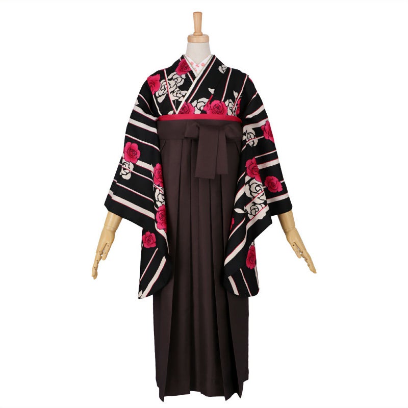 【中古品】ジュニア用 振袖単品「黒　縞に薔薇」仕立て上がり 小振袖 着物 子ども 子供 キッズ ジュニア 女の子 卒業式 小学校 小学生 中学校 中学生 十三参り 十三詣り 1/2成人式 ハーフ成人式 貸衣装処分 レンタル処分品
