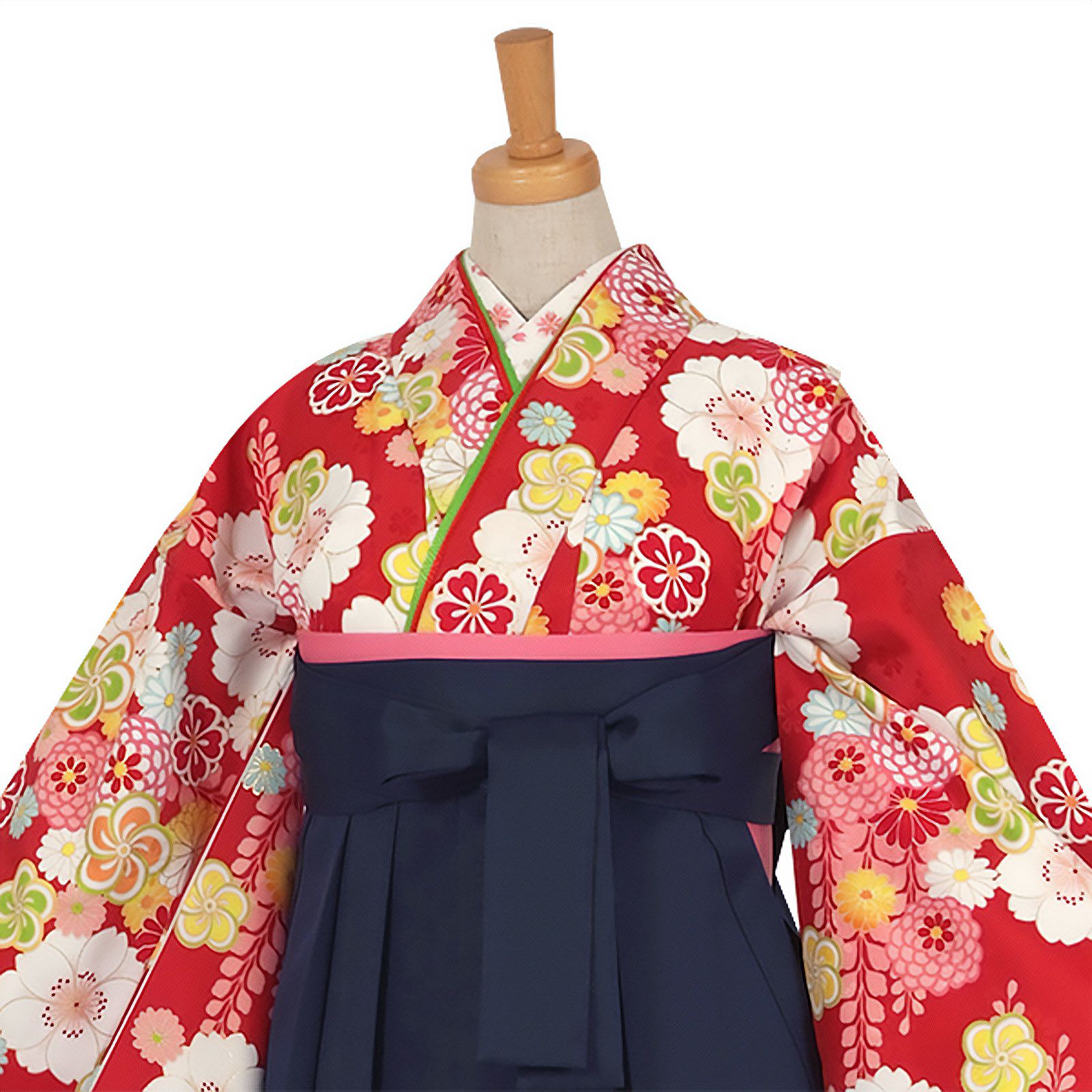 中古品】ジュニア用 振袖単品「赤 桜にねじり梅」仕立て上がり 襦袢