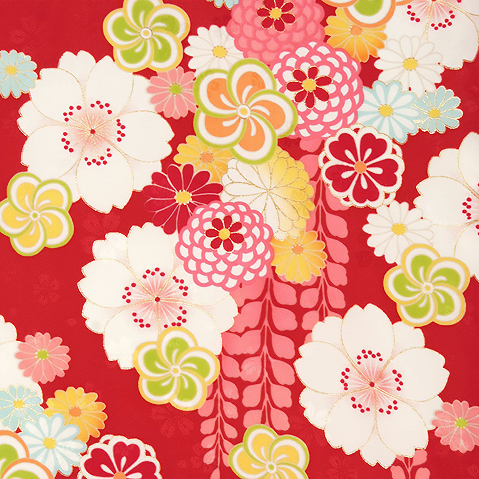 中古品】ジュニア用 振袖単品「赤 桜にねじり梅」仕立て上がり 襦袢