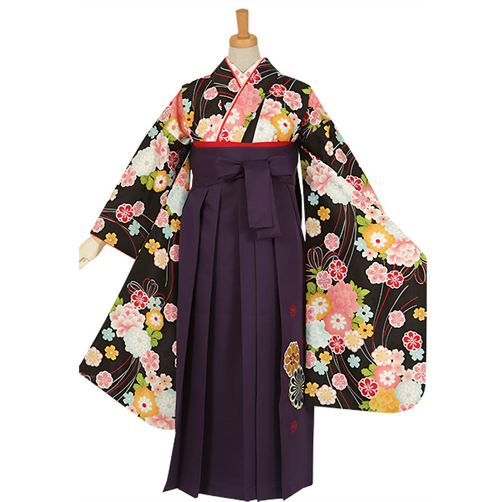 中古品】ジュニア用 振袖単品「黒 花くす玉」仕立て上がり 襦袢