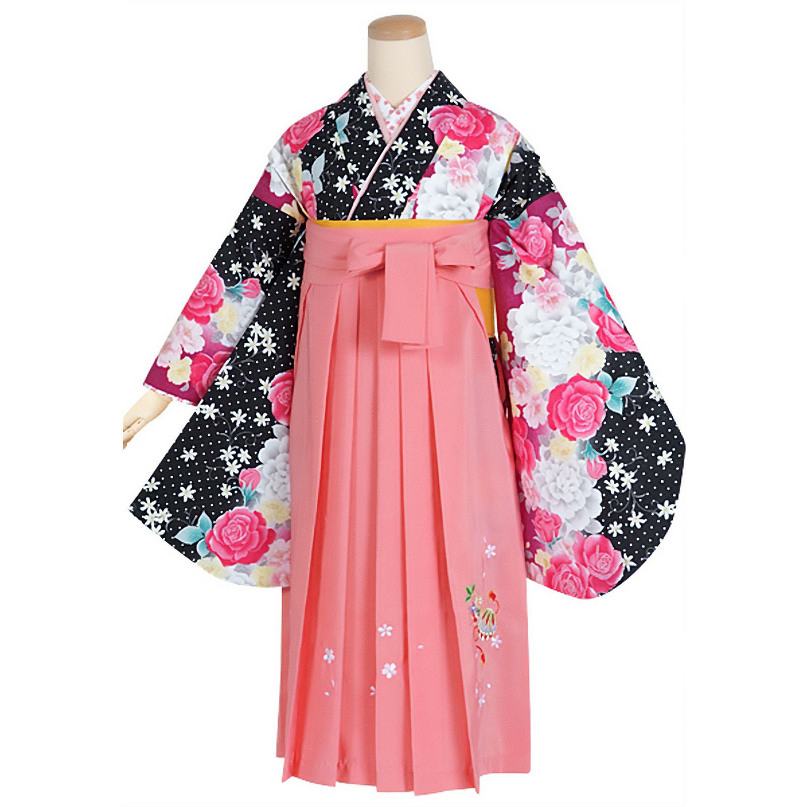 【中古品】ジュニア用 振袖単品「黒×赤紫　ドットにピンクの薔薇」仕立て上がり 小振袖 着物 子ども 子供 キッズ ジュニア 女の子 卒業式 小学校 小学生 中学校 中学生 十三参り 十三詣り 1/2成人式 ハーフ成人式 貸衣装処分 レンタル処分品