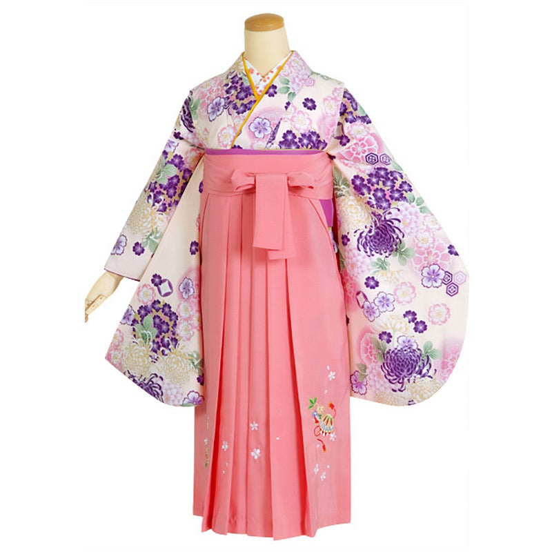 【中古品】ジュニア用 振袖単品「クリーム　桜に菊花」仕立て上がり 小振袖 着物 子ども 子供 キッズ ジュニア 女の子 卒業式 小学校 小学生 中学校 中学生 十三参り 十三詣り 1/2成人式 ハーフ成人式 貸衣装処分 レンタル処分品