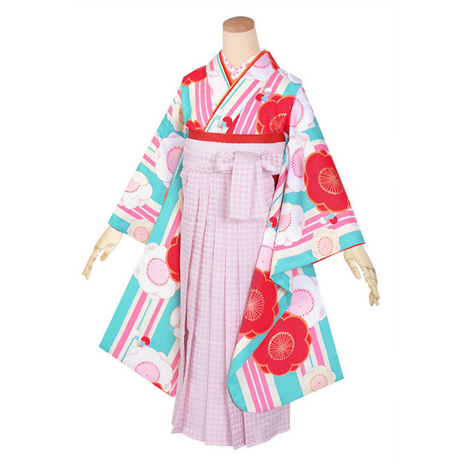 【中古品】ジュニア用 振袖単品「ターコイズブルー　縦縞に梅柄」仕立て上がり 襦袢プレゼント 小振袖 着物 子ども 子供 キッズ ジュニア 女の子 卒業式 小学校 小学生 中学校 中学生 十三参り 十三詣り 1/2成人式 ハーフ成人式 貸衣装処分 レンタル処分品