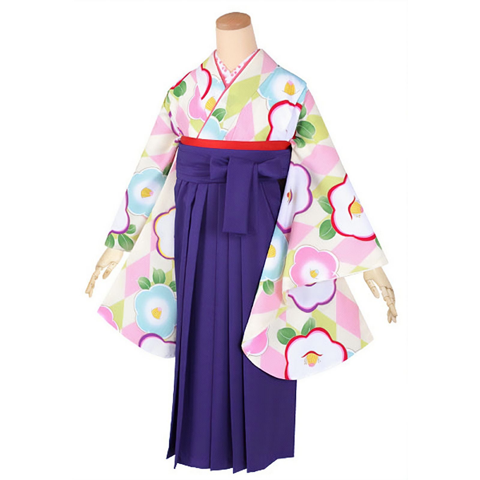 【中古品】ジュニア用 振袖単品 ショート丈「ピンク　ダイヤに椿」仕立て上がり 小振袖 着物 子ども 子供 キッズ ジュニア 女の子 卒業式 小学校 小学生 中学校 中学生 十三参り 十三詣り 1/2成人式 ハーフ成人式 貸衣装処分 レンタル処分品