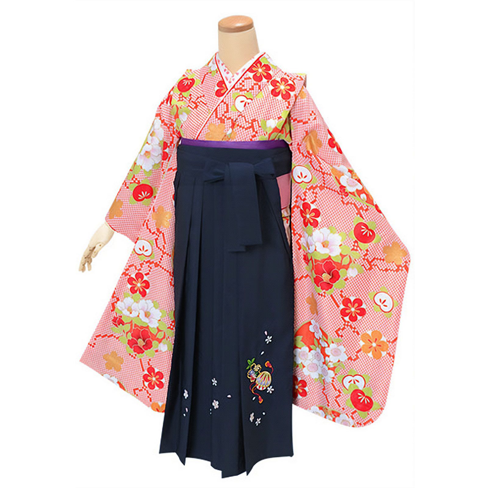 中古品】ジュニア用 振袖単品「朱色 鹿の子柄に花の丸」仕立て上がり
