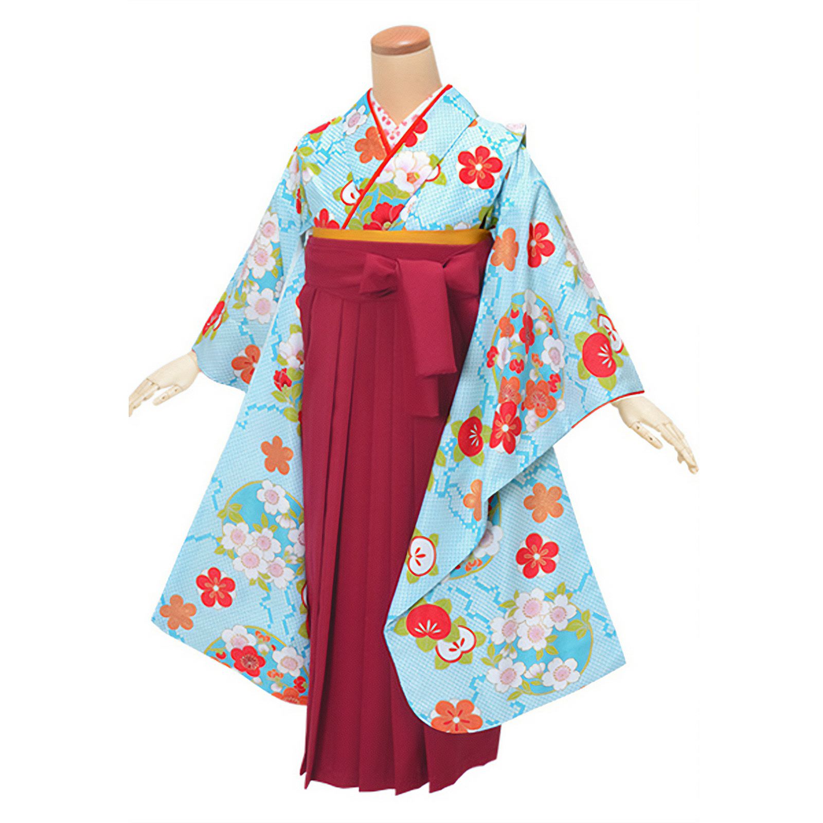 中古品】ジュニア用 振袖単品「水色 鹿の子柄に花の丸」仕立て上がり