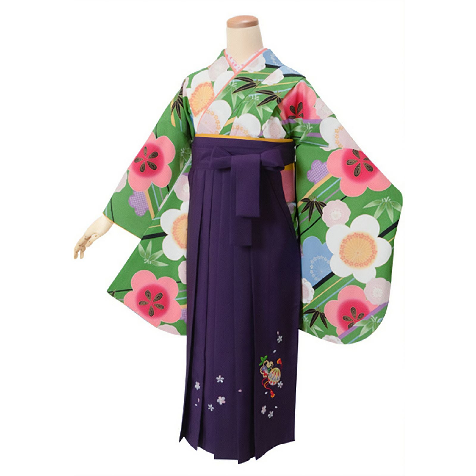 中古品】ジュニア用 振袖単品 ショート丈「緑 斜め縞に笹梅」仕立て
