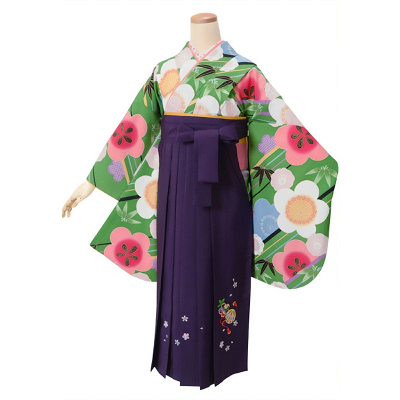 【中古品】ジュニア用 振袖単品 ショート丈「緑　斜め縞に笹梅」仕立て上がり 小振袖 着物 子ども 子供 キッズ ジュニア 女の子 卒業式 小学校 小学生 中学校 中学生 十三参り 十三詣り 1/2成人式 ハーフ成人式 貸衣装処分 レンタル処分品