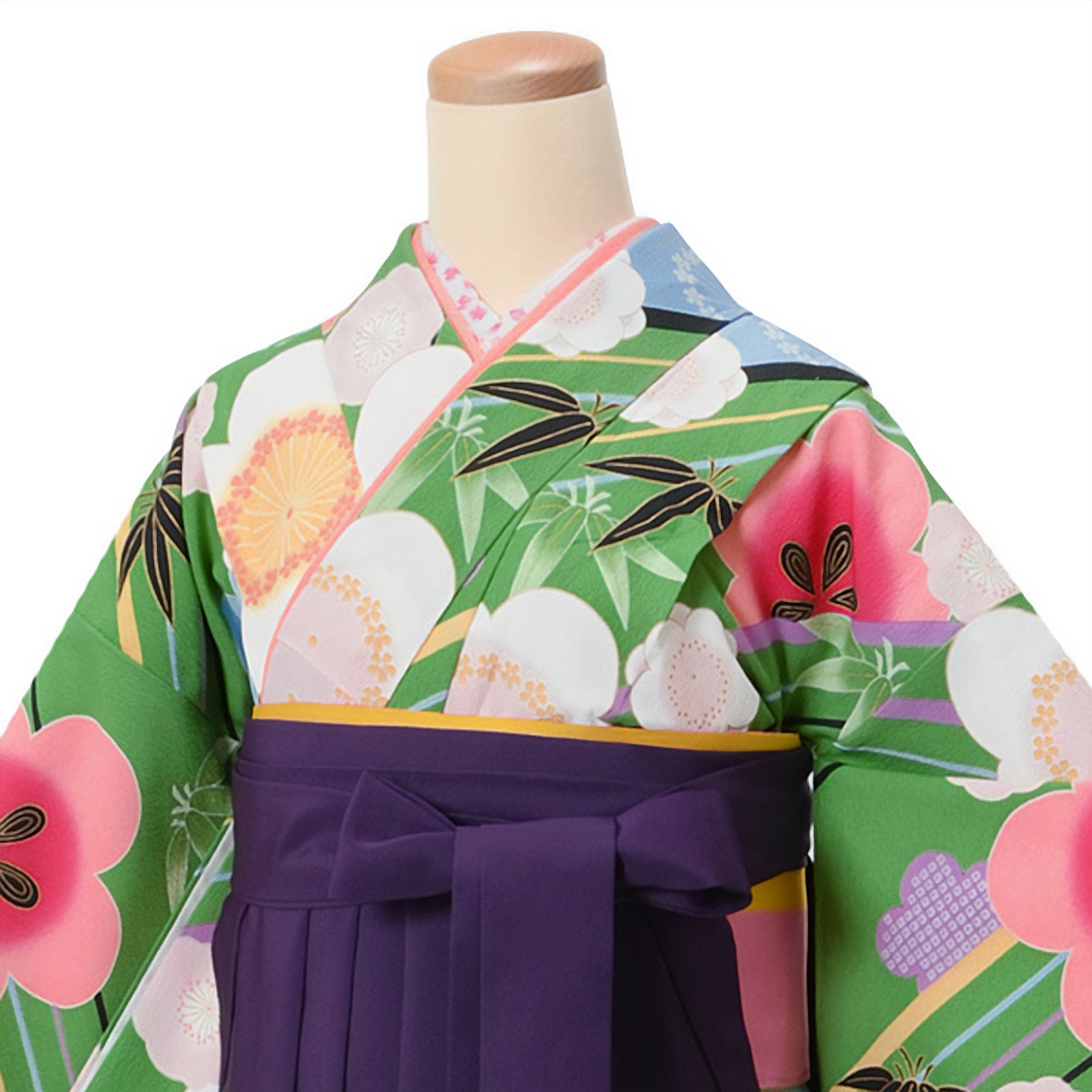 603aj21■ジュニア振袖 ハーフ成人式 卒業式 着物のみ 総柄■良好 中古品】ジュニア用 振袖単品 ショート丈「緑 斜め縞に笹梅」仕立て