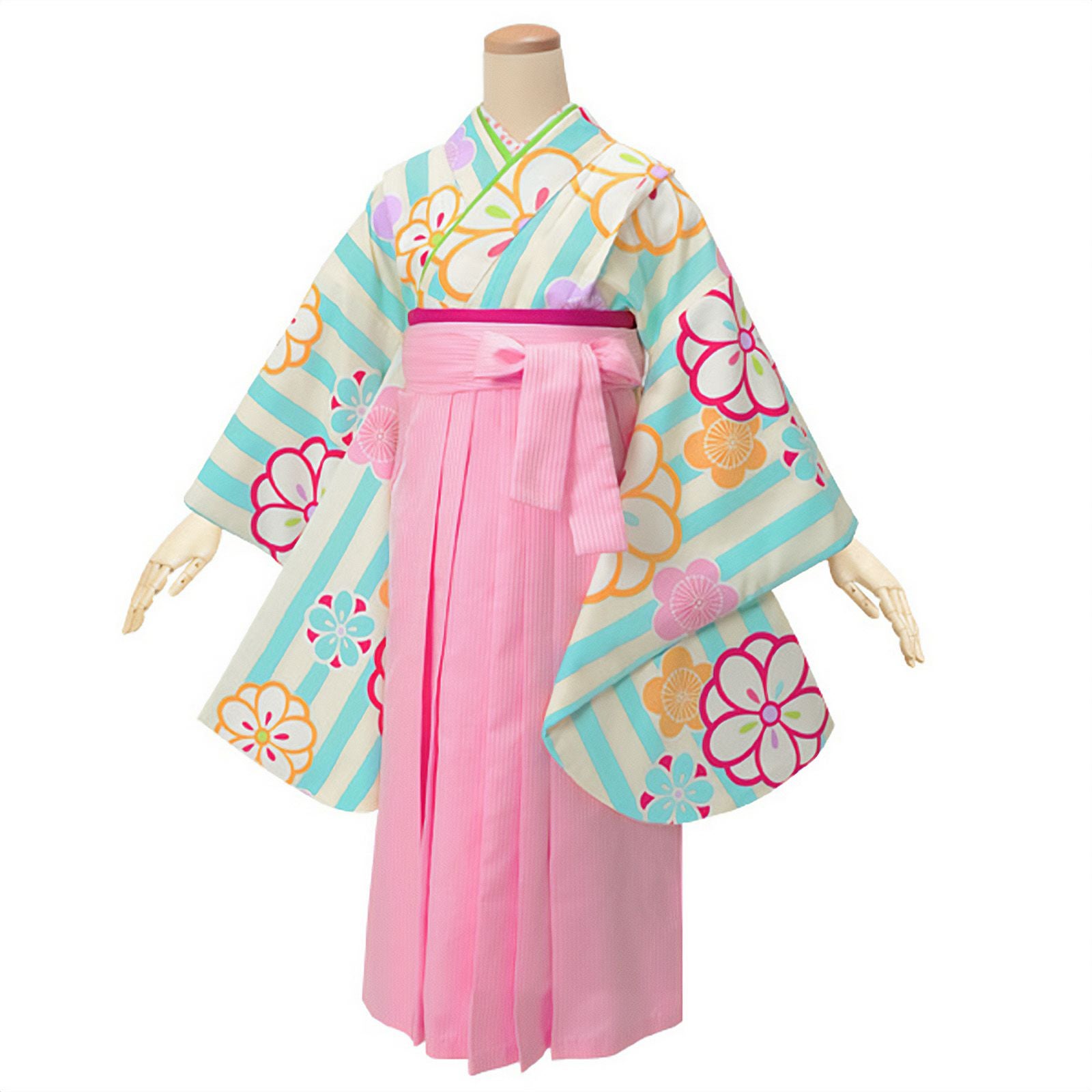 【中古品】ジュニア用 振袖単品 ショート丈「クリーム色×水色 梅」仕立て上がり 小振袖 着物 子ども 子供 キッズ ジュニア 女の子 卒業式 小学校 小学生 中学校 中学生 十三参り 十三詣り 1/2成人式 ハーフ成人式 貸衣装処分 レンタル処分品