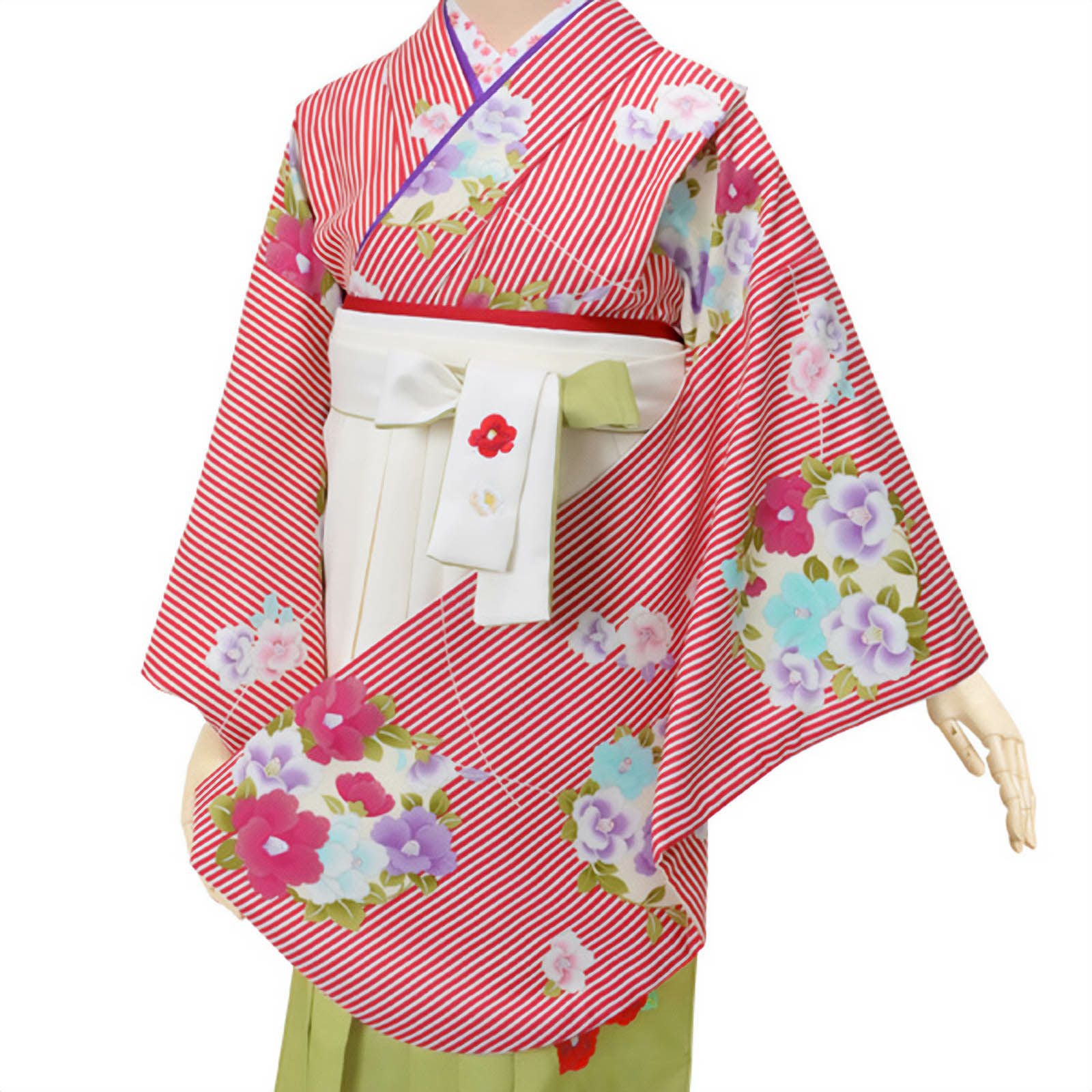 【中古品】ジュニア用 振袖単品 ショート丈「クリーム色×赤　縦縞に椿の花の丸」仕立て上がり 小振袖 着物 子ども 子供 キッズ ジュニア 女の子 卒業式 小学校 小学生 中学校 中学生 十三参り 十三詣り 1/2成人式 ハーフ成人式 貸衣装処分 レンタル処分品