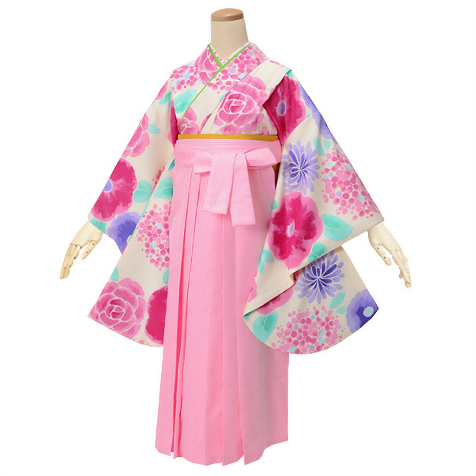 【中古品】ジュニア用 振袖単品 ショート丈「クリーム色　花」仕立て上がり 小振袖 着物 子ども 子供 キッズ ジュニア 女の子 卒業式 小学校 小学生 中学校 中学生 十三参り 十三詣り 1/2成人式 ハーフ成人式 貸衣装処分 レンタル処分品