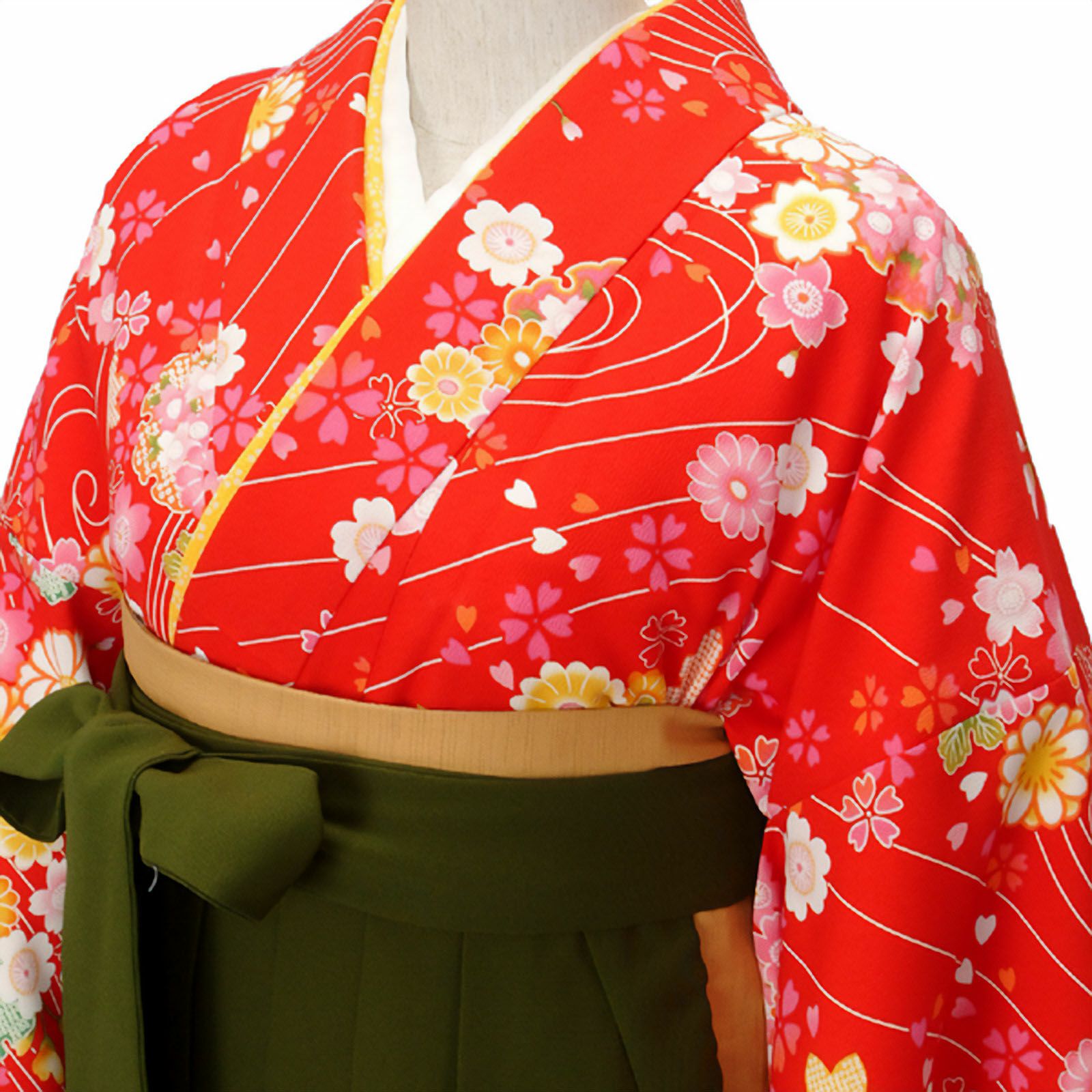 中古品】二尺袖 単品「赤 桜 友禅調糸目の風」貸衣装処分 レンタル処分