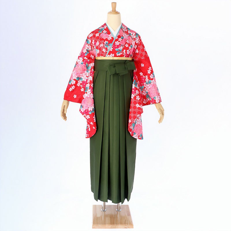 【中古品】二尺袖 単品「赤　市松にバラ」貸衣装処分 レンタル処分品 卒業式