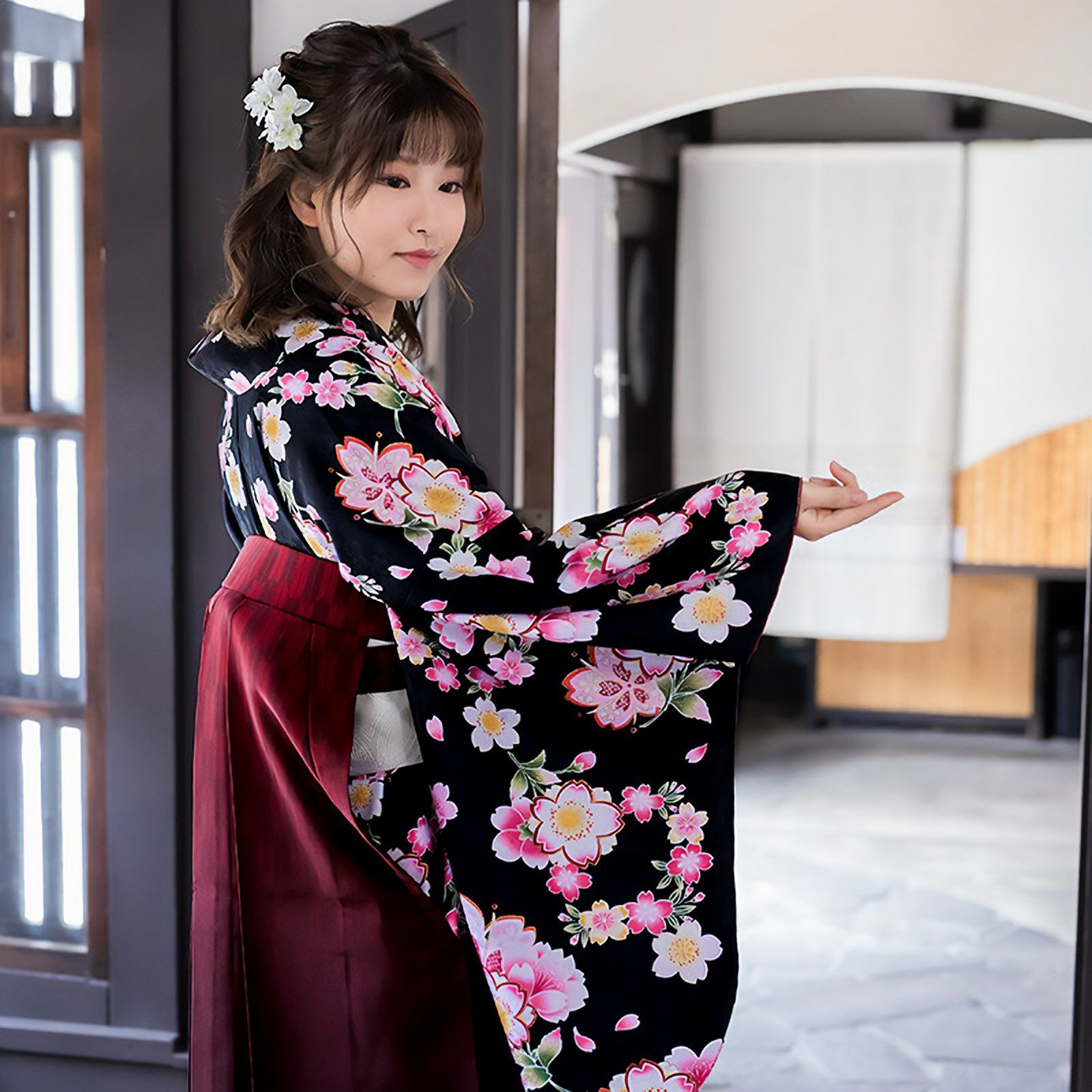 訳あり！卒業式☆中古の二尺袖点セット（ポリ）2L　高身長　H-192 中古品)卒業式袴セット「二尺袖：クリーム/水色 矢絣に椿+袴：エンジ