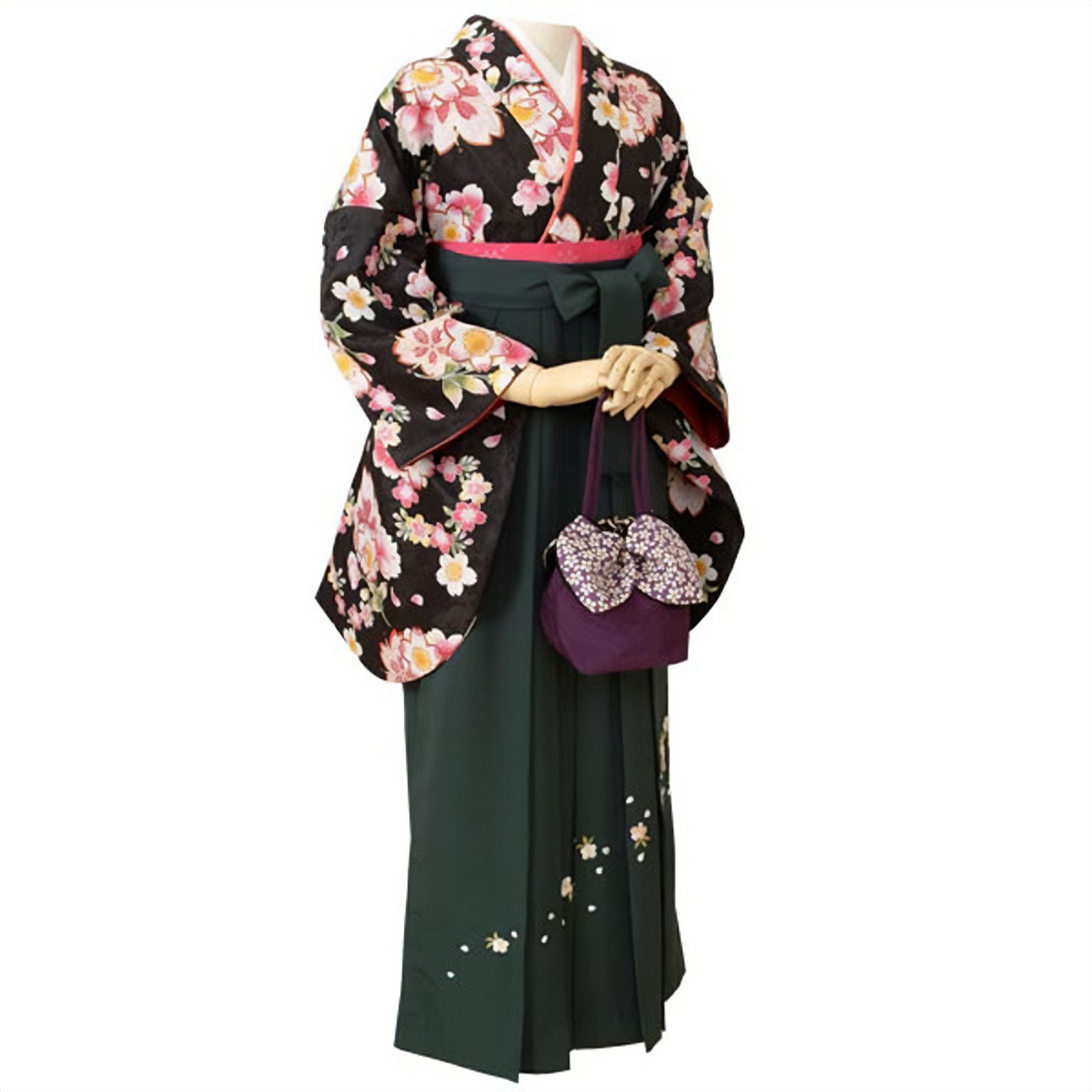 訳あり！卒業式☆中古の二尺袖点セット（ポリ）2L　高身長　H-192 中古品)卒業式袴セット「二尺袖：クリーム/水色 矢絣に椿+袴：エンジ