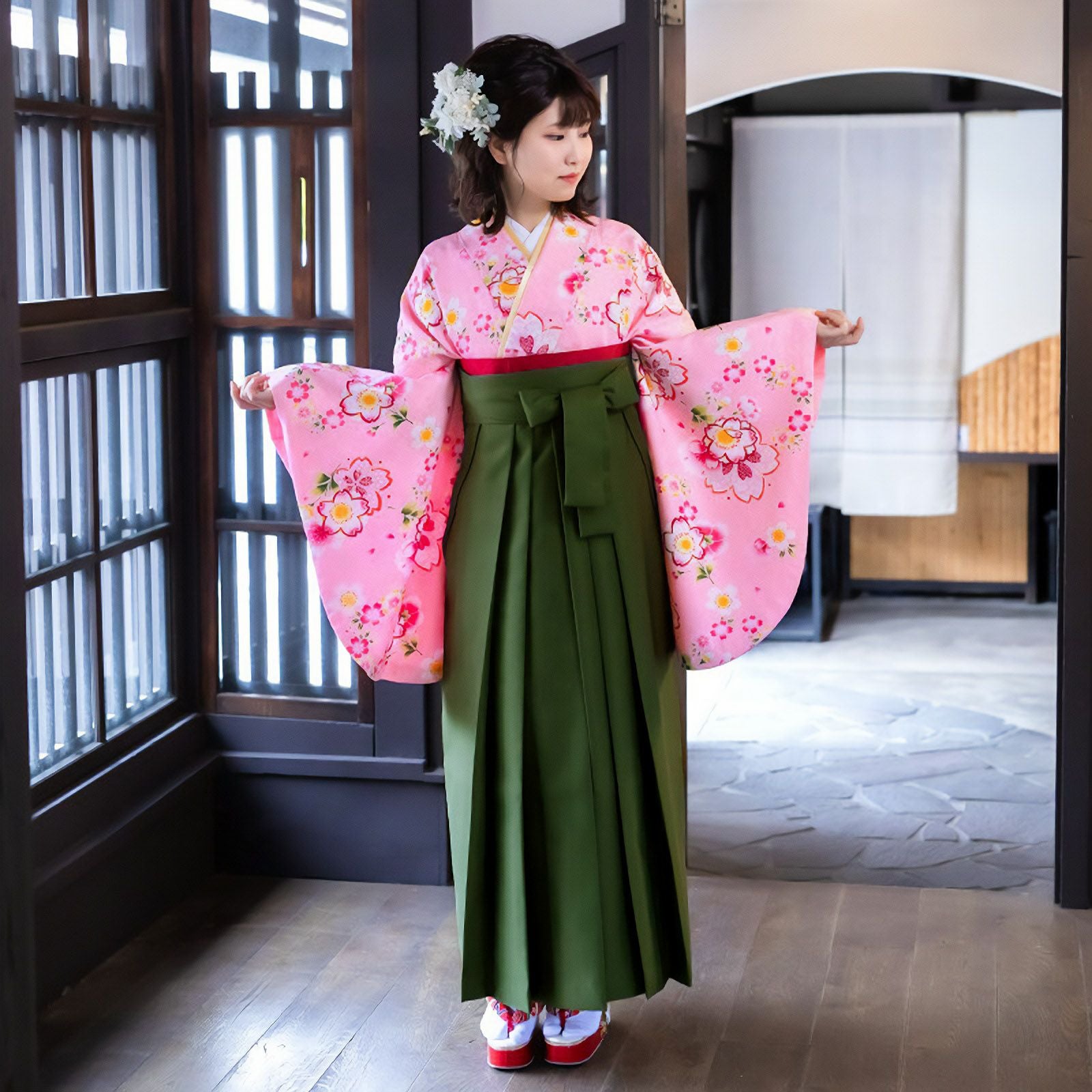 【中古品】二尺袖 単品「ピンク　桜重ね」貸衣装処分 レンタル処分品 卒業式