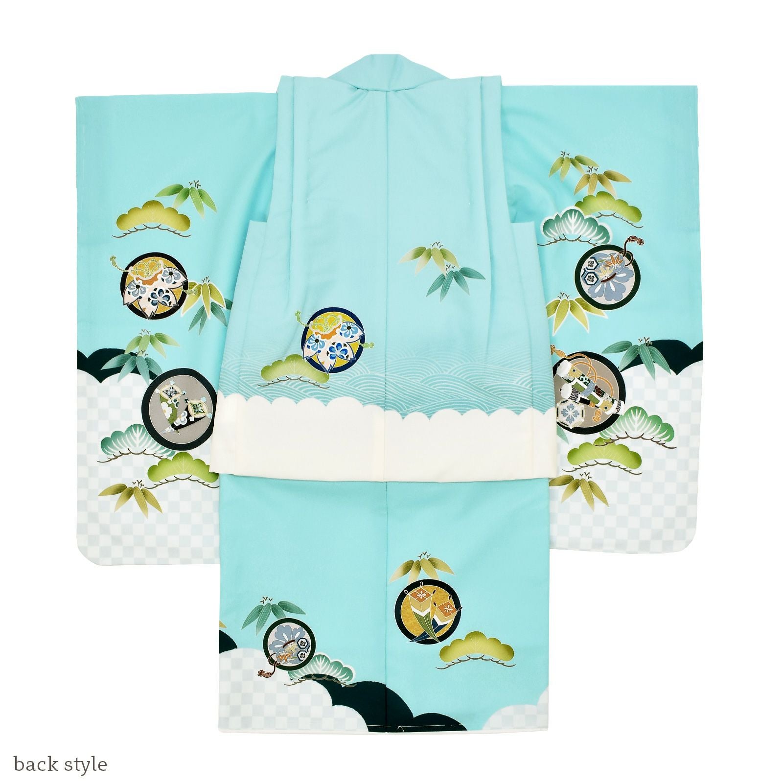 七五三 着物 3歳 男の子 被布セット 「水色 兜、市松に宝尽くし」 三歳