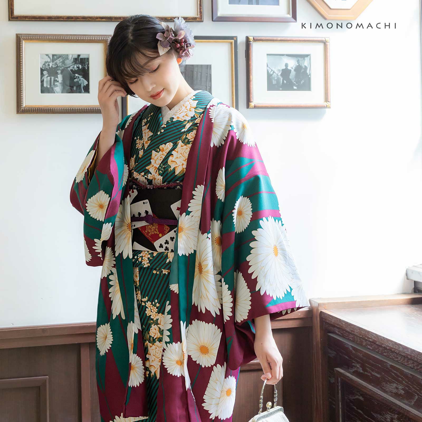 羽織 単品 KIMONOMACHI オリジナル 「矢羽根に菊 赤紫色