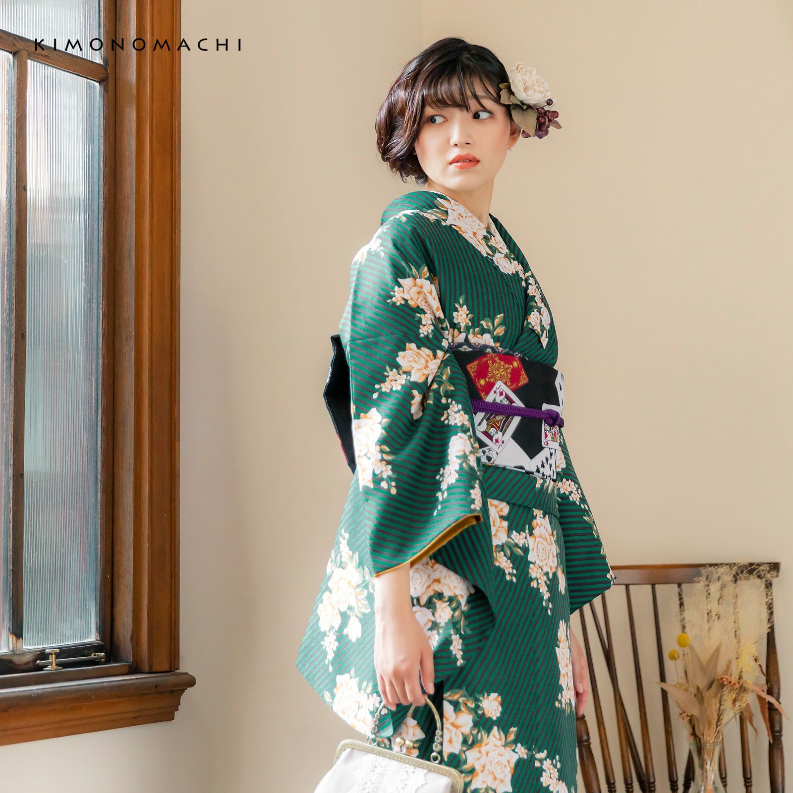 二尺袖着物 単品「ストライプブーケグリーン」KIMONOMACHIオリジナル