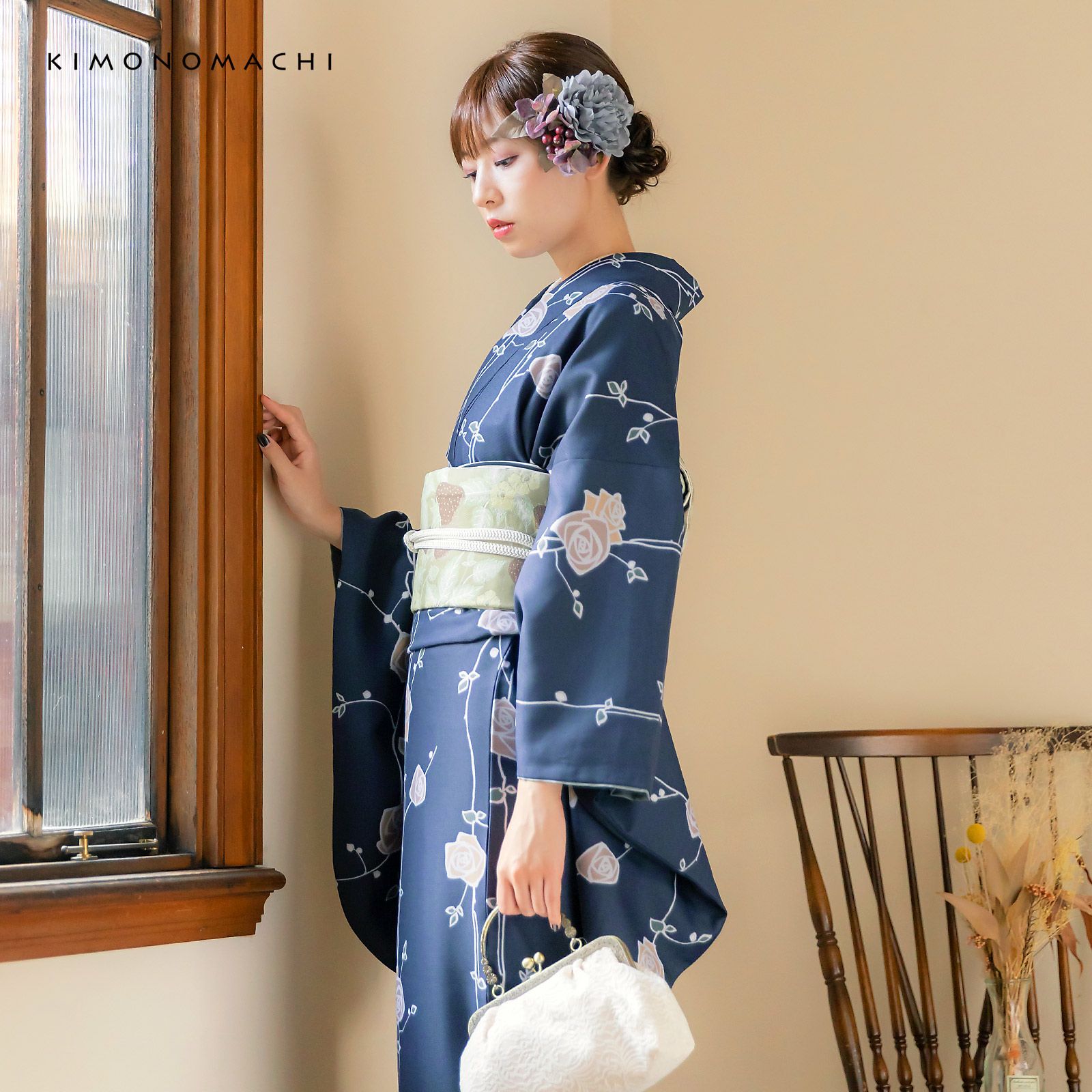 卒業式応援75％SALE 3/5迄)二尺袖着物 単品「ばら墨紺色」KIMONOMACHI