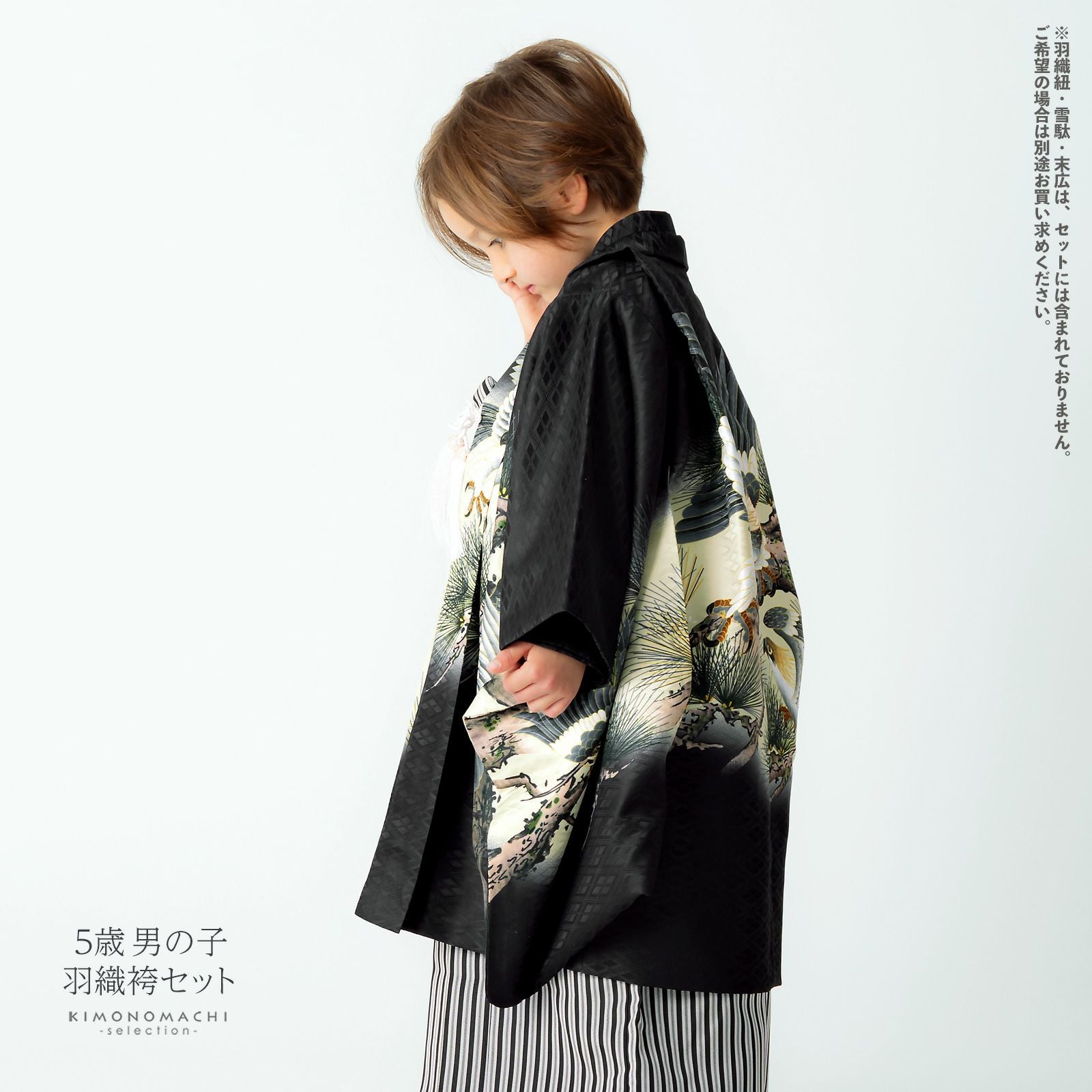 七五三 着物 男の子 5歳 羽織袴セット 「黒 鷹に老松」 フルセット 5歳