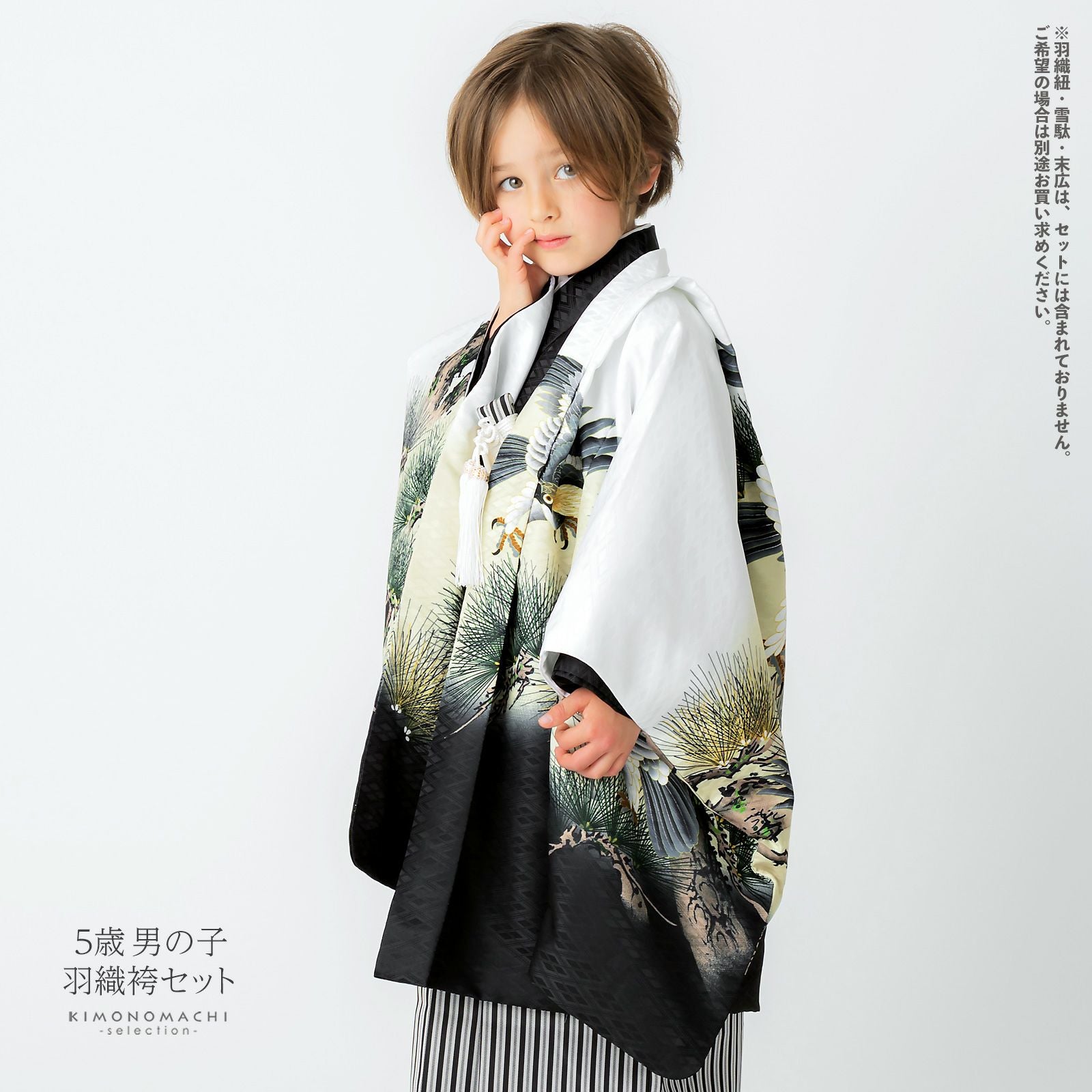 七五三 着物 男の子 5歳 羽織袴セット 「白 鷹に老松」 フルセット 5歳