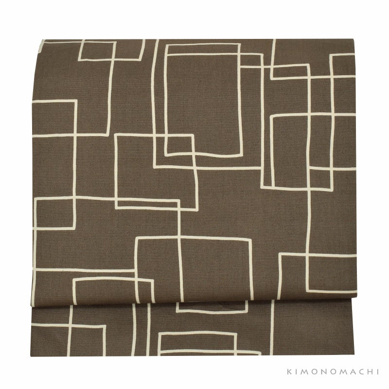 木綿名古屋帯「チャコールグレー スクエア」日本製 KIMONOMACHI オリジナル 木綿帯 八寸名古屋帯 コットン名古屋帯 コットン帯 仕立て上がり帯 カジュアル 洒落帯
