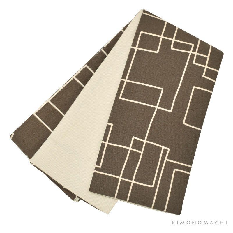 木綿半幅帯「チャコールグレー　スクエア」日本製 KIMONOMACHI オリジナル 木綿帯 半巾帯 コットン細帯 コットン帯 仕立て上がり帯 カジュアル 洒落帯