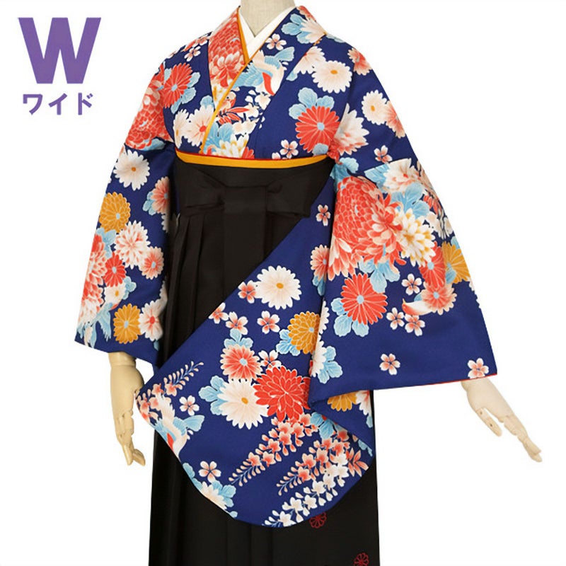 【中古品】二尺袖 単品「ワイドサイズ　青　菊と藤の花」貸衣装処分 レンタル処分品 卒業式