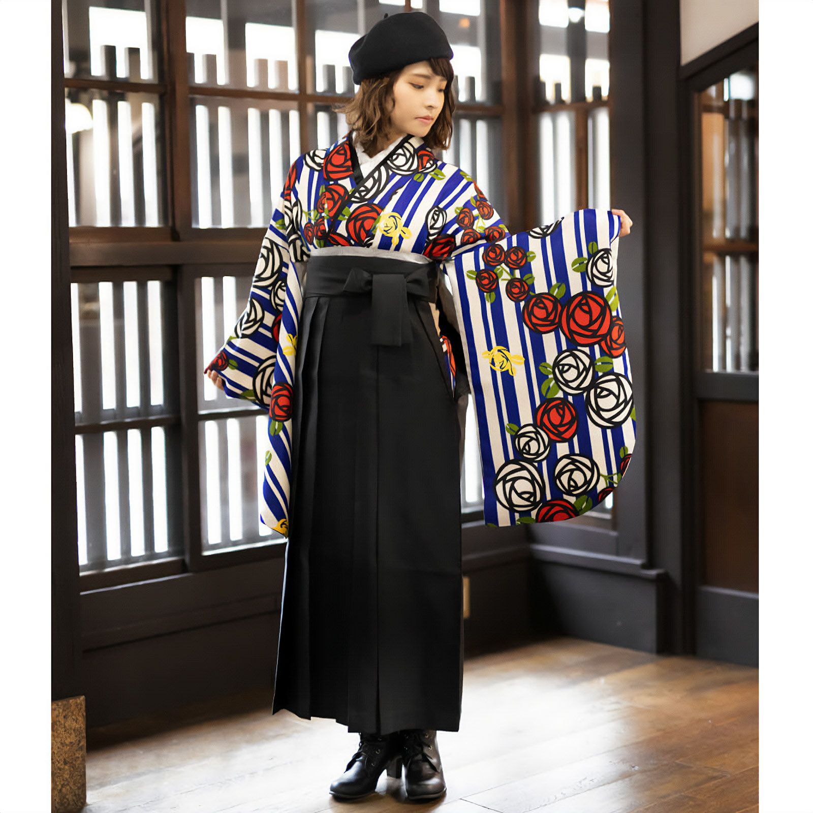 【中古品】二尺袖 単品「白青　縞に薔薇」貸衣装処分 レンタル処分品 卒業式