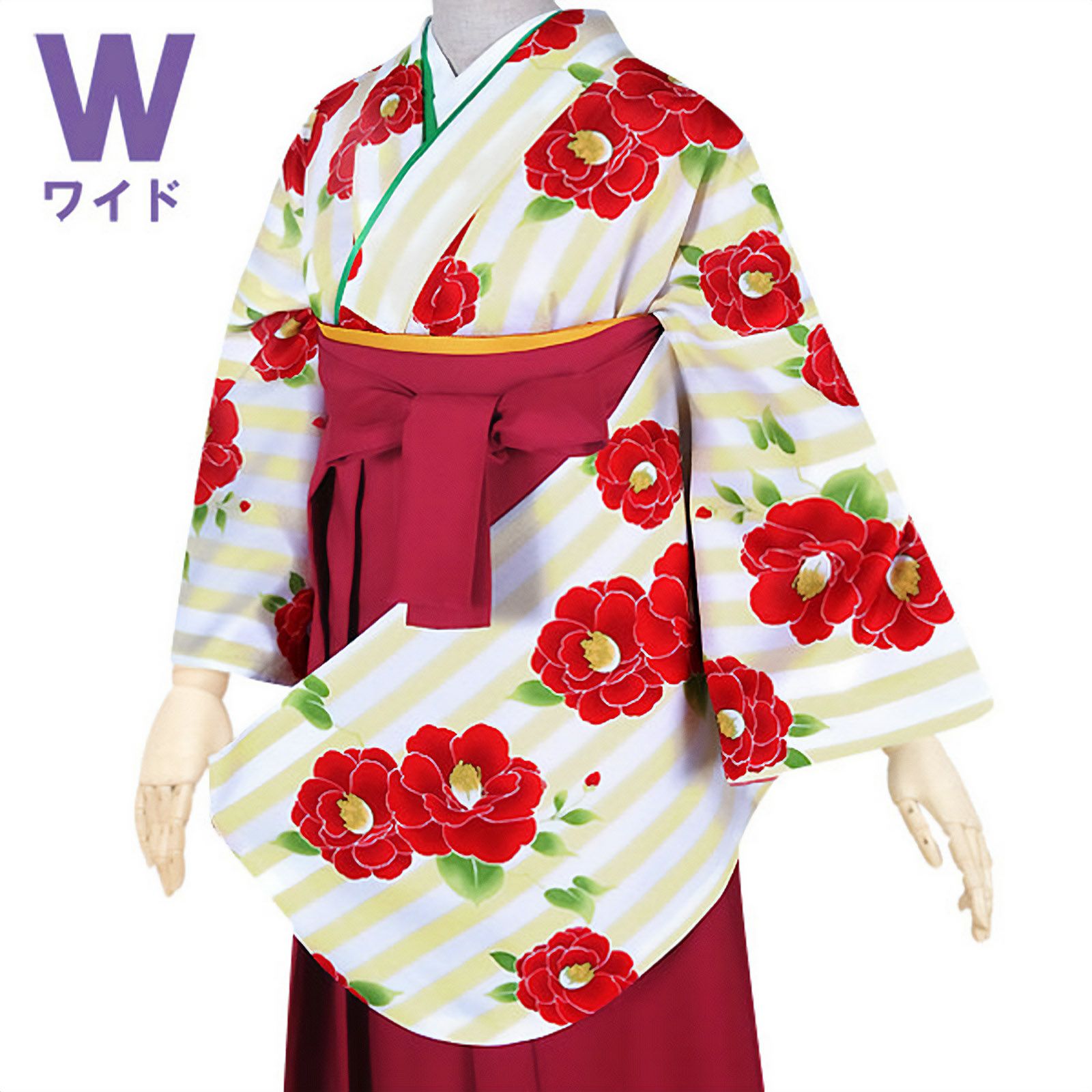 【中古品】二尺袖 単品「ワイドサイズ　白×黄色　縦縞　紅椿」貸衣装処分 レンタル処分品 卒業式