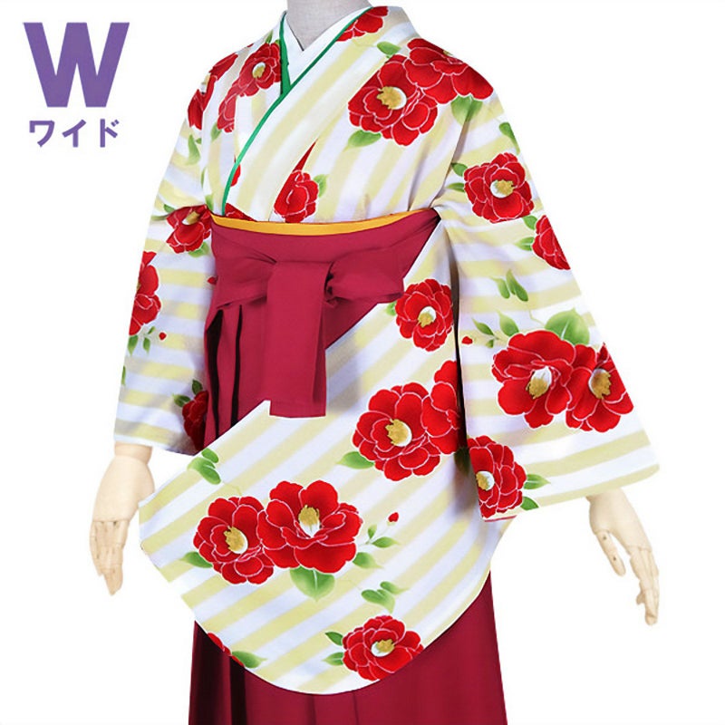 【中古品】二尺袖 単品「ワイドサイズ　白×黄色　縦縞　紅椿」貸衣装処分 レンタル処分品 卒業式