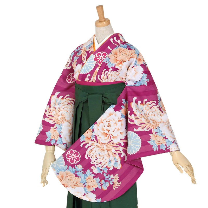 【中古品】二尺袖 単品「赤紫　ストライプ牡丹と菊」貸衣装処分 レンタル処分品 卒業式