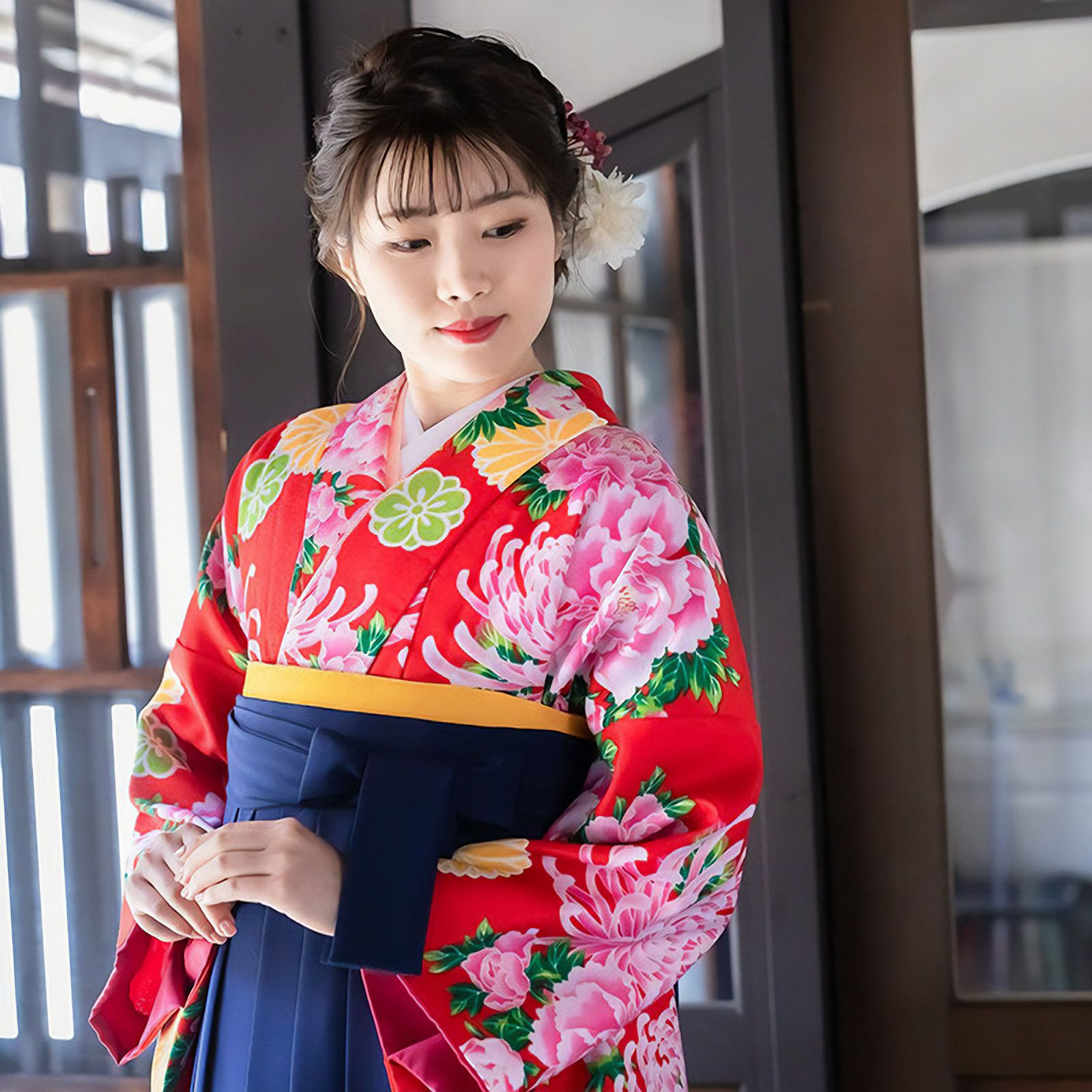 【中古品】二尺袖 単品「赤　菊牡丹」貸衣装処分 レンタル処分品 卒業式