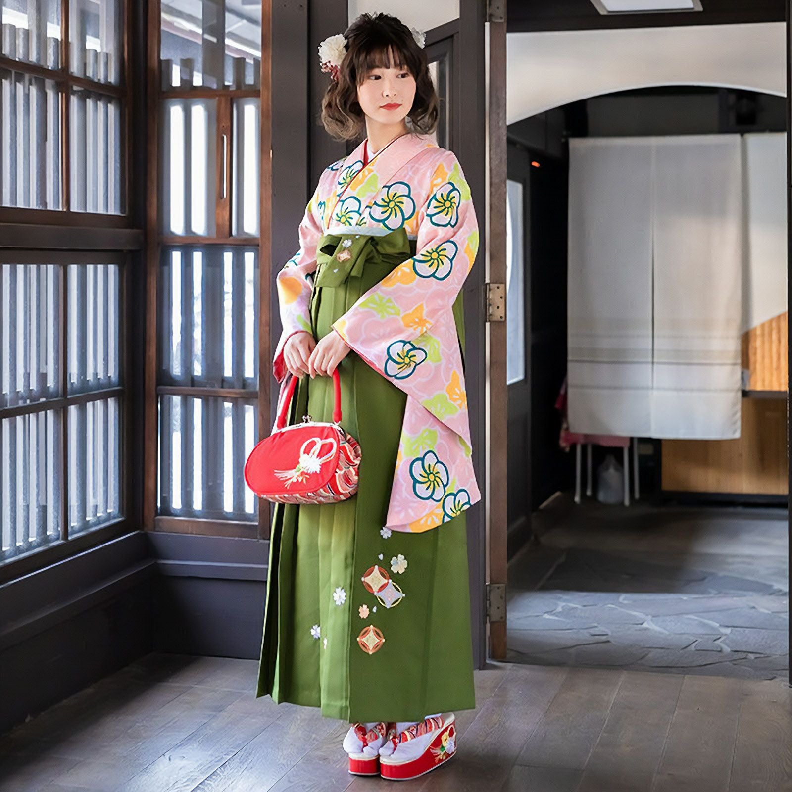 【中古品】二尺袖 単品「ピンク　梅尽くし」貸衣装処分 レンタル処分品 卒業式