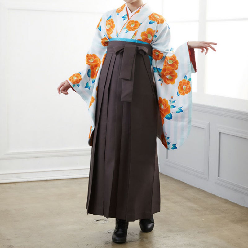 【中古品】二尺袖 単品「白×緑　縦縞　椿」貸衣装処分 レンタル処分品 卒業式