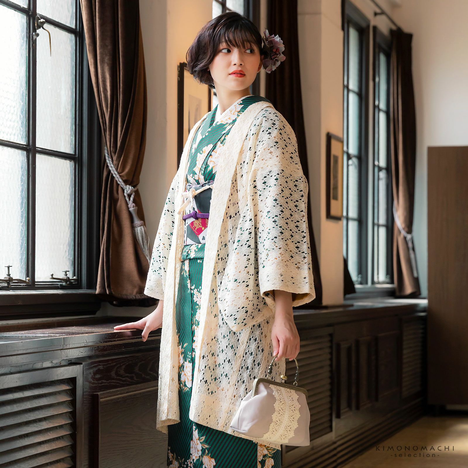 卒業式応援75％SALE 3/5迄)レース がま口バッグ「ベージュグレー