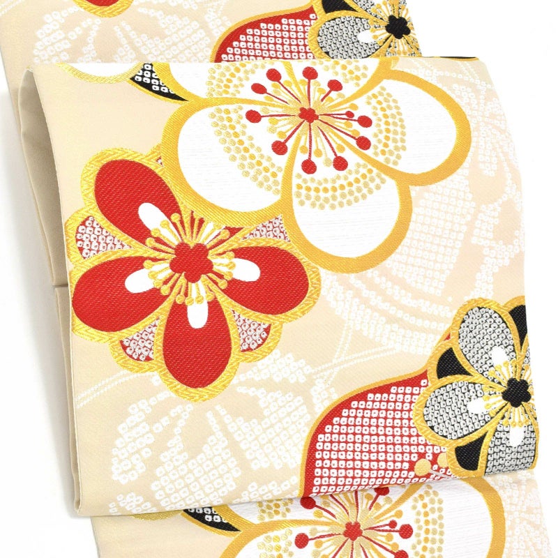 振袖袋帯「ベージュ　古典梅疋田」お仕立て上がり 振袖用 袋帯 お仕立て済 振袖帯