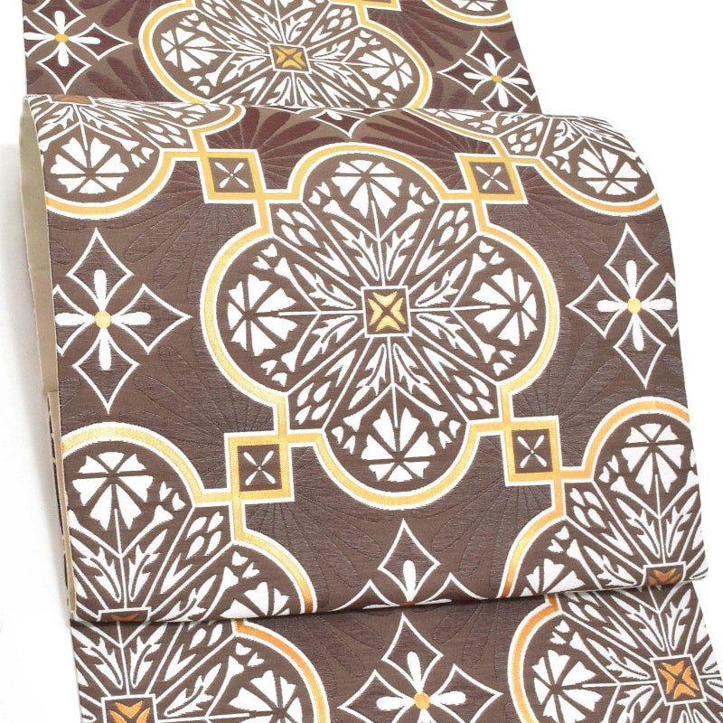 振袖袋帯「茶　アールデコ」お仕立て上がり 振袖用 袋帯 お仕立て済 振袖帯