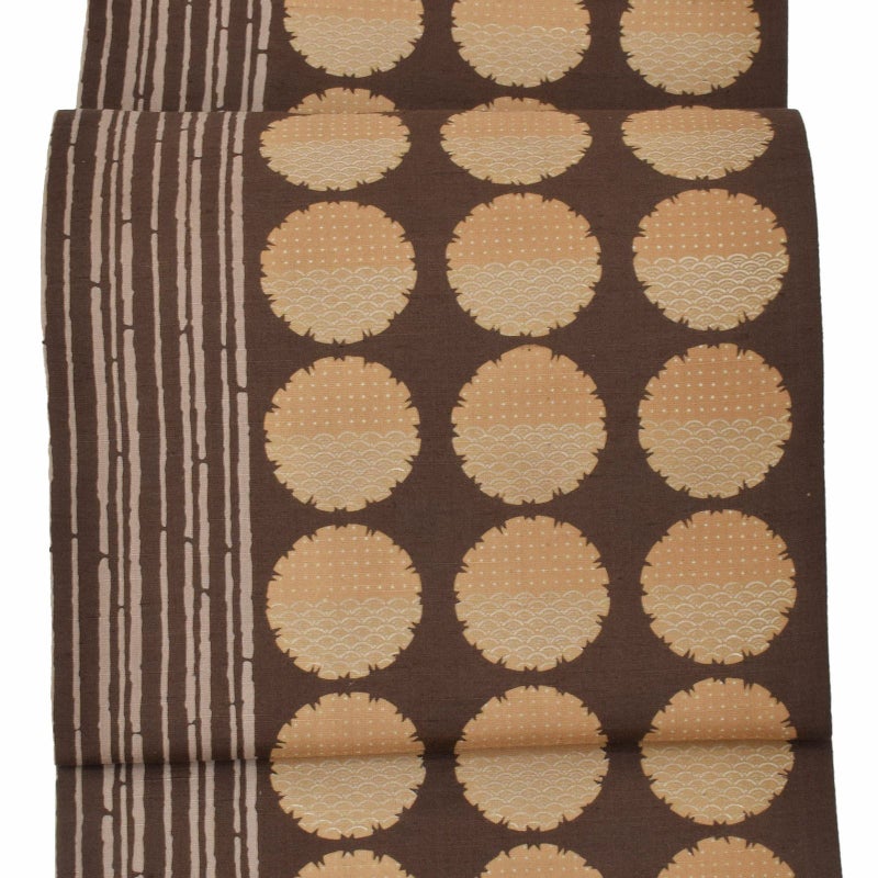 袋帯 染め帯 カジュアル 「黒茶色　籬に窓絵」小紋 洒落訪問着 色無地 紬 全通柄 未仕立て 日本製 京友禅