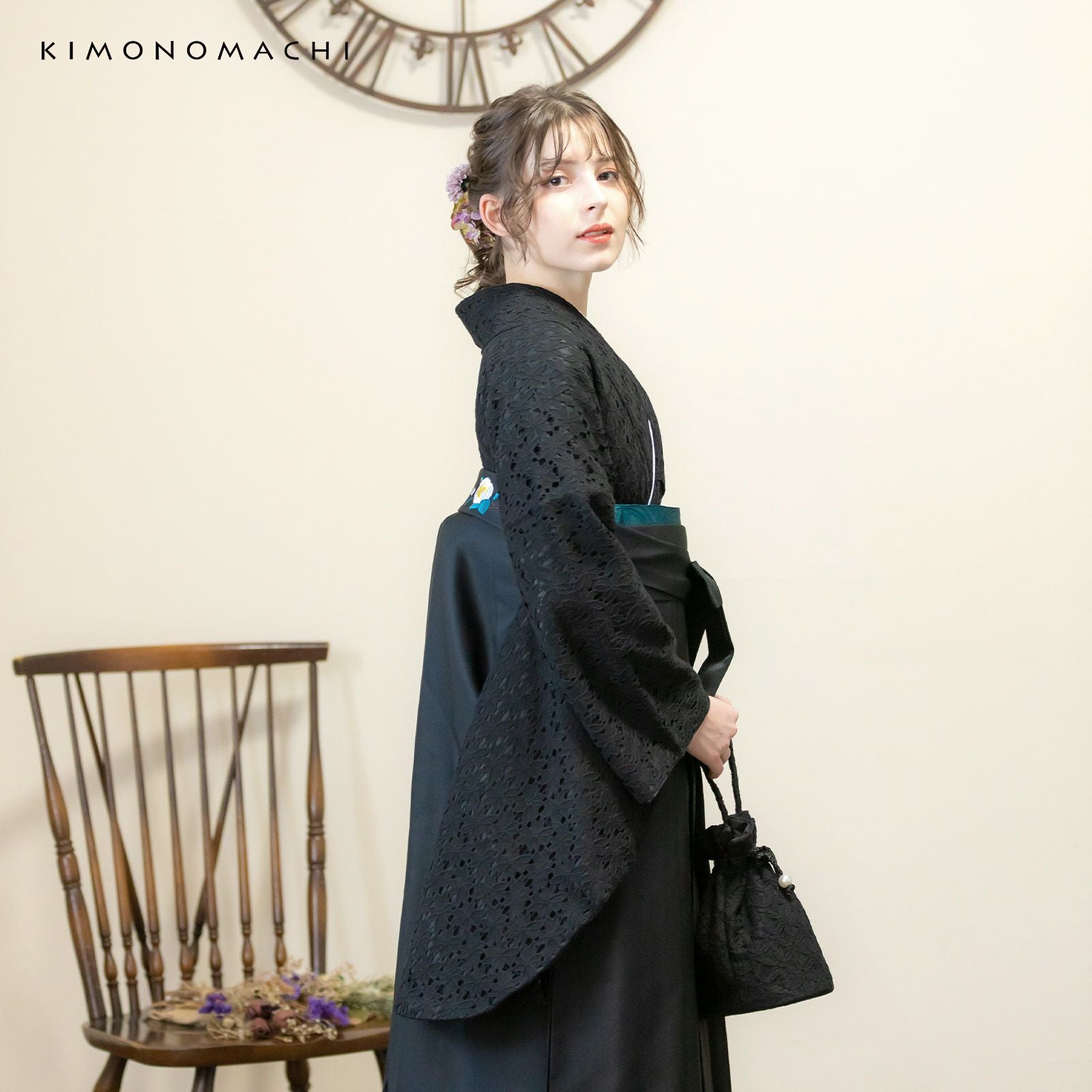 レース二尺袖と袴 4点セット 「二尺袖：ブラック×ブラック＋袴：黒 椿
