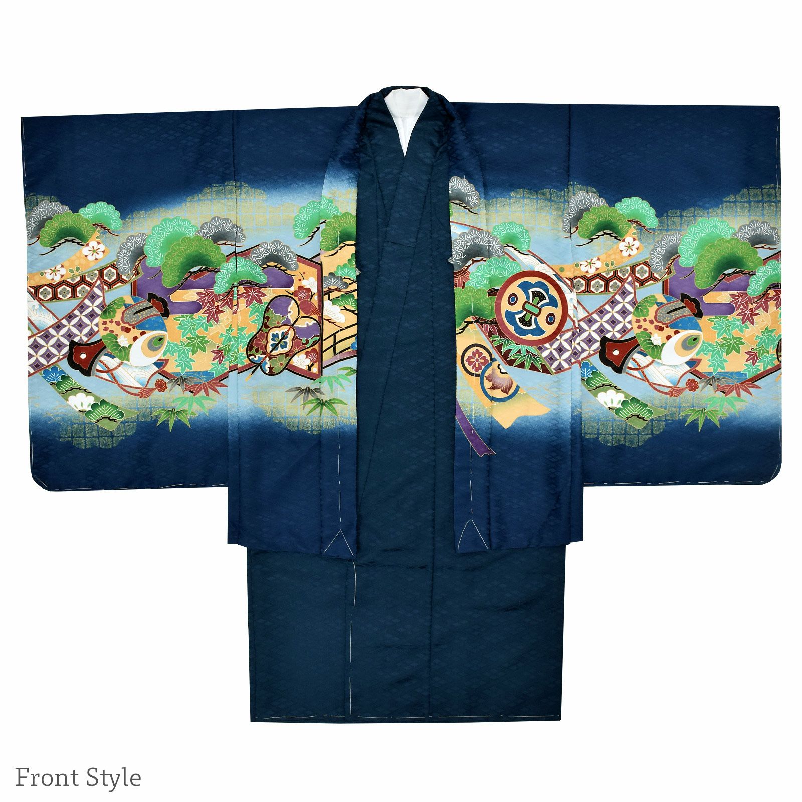 七五三 着物 男の子 5歳 羽織・着物アンサンブル「紺 鷹、蔓帯」5歳