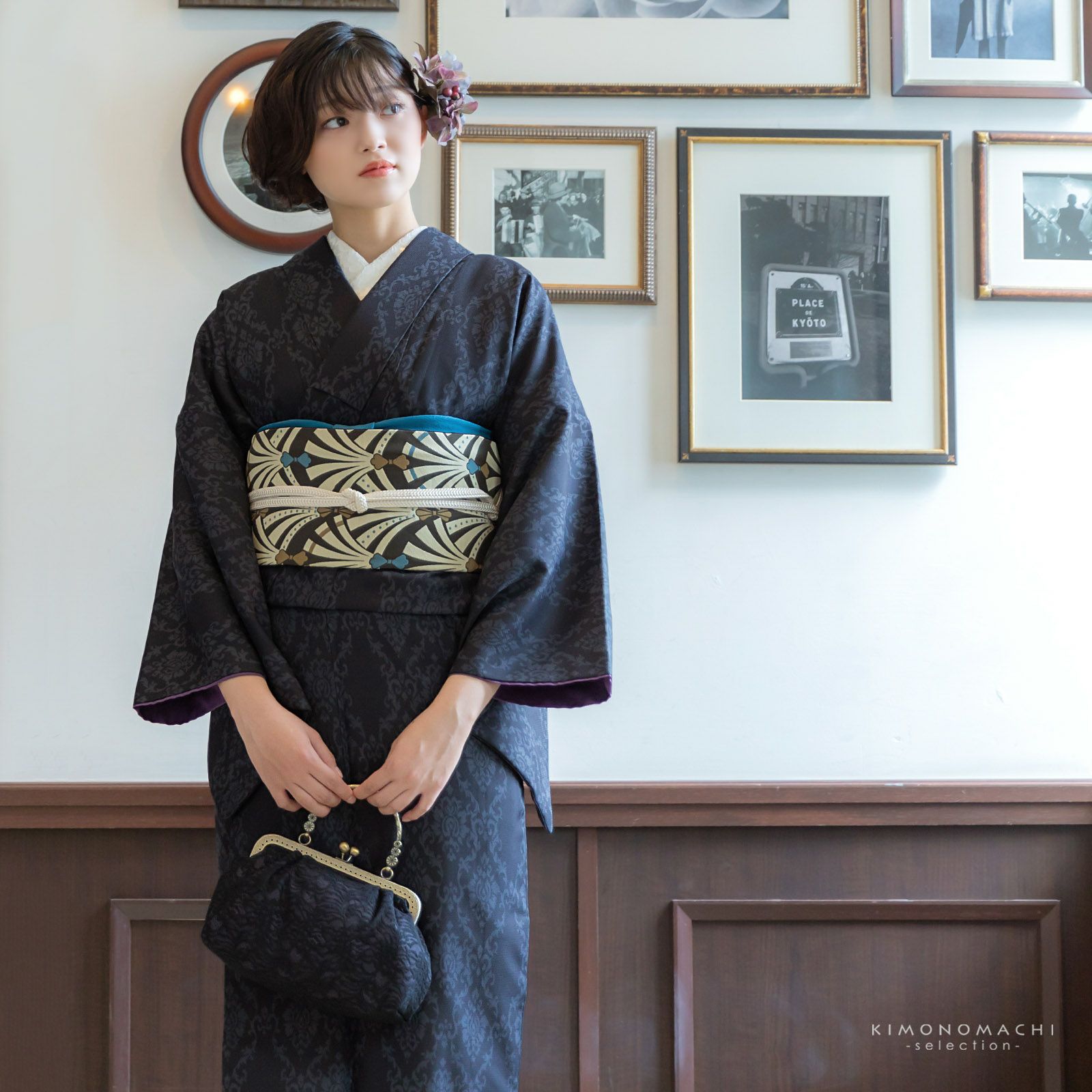 MUGIBAG*ブラックチュールレース*がま口バッグ*バンブーバッグ*和装バッグ レース がま口バッグ「ブラック・ホワイト」バッグ 黒 白 アンティーク