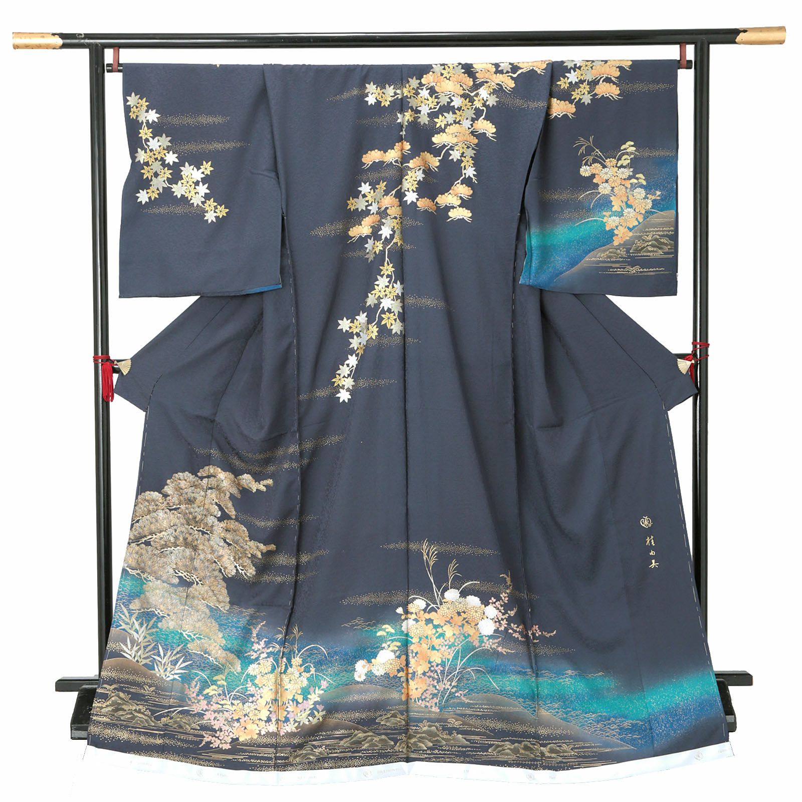 未仕立て 訪問着 単品 桂由美 「藍鉄色　松、菊に水辺文」 正絹 着物 仮絵羽 ブランド訪問着 七五三 入学式 卒業式 卒園式 結婚式 お宮参り 母 ママ